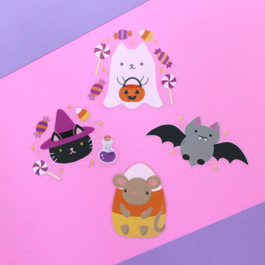 Halloween Clear Vinyl Sticker Set - Witch Cat, Cute Bat, Ghost Cat, Candy Corn Mouse Stickers