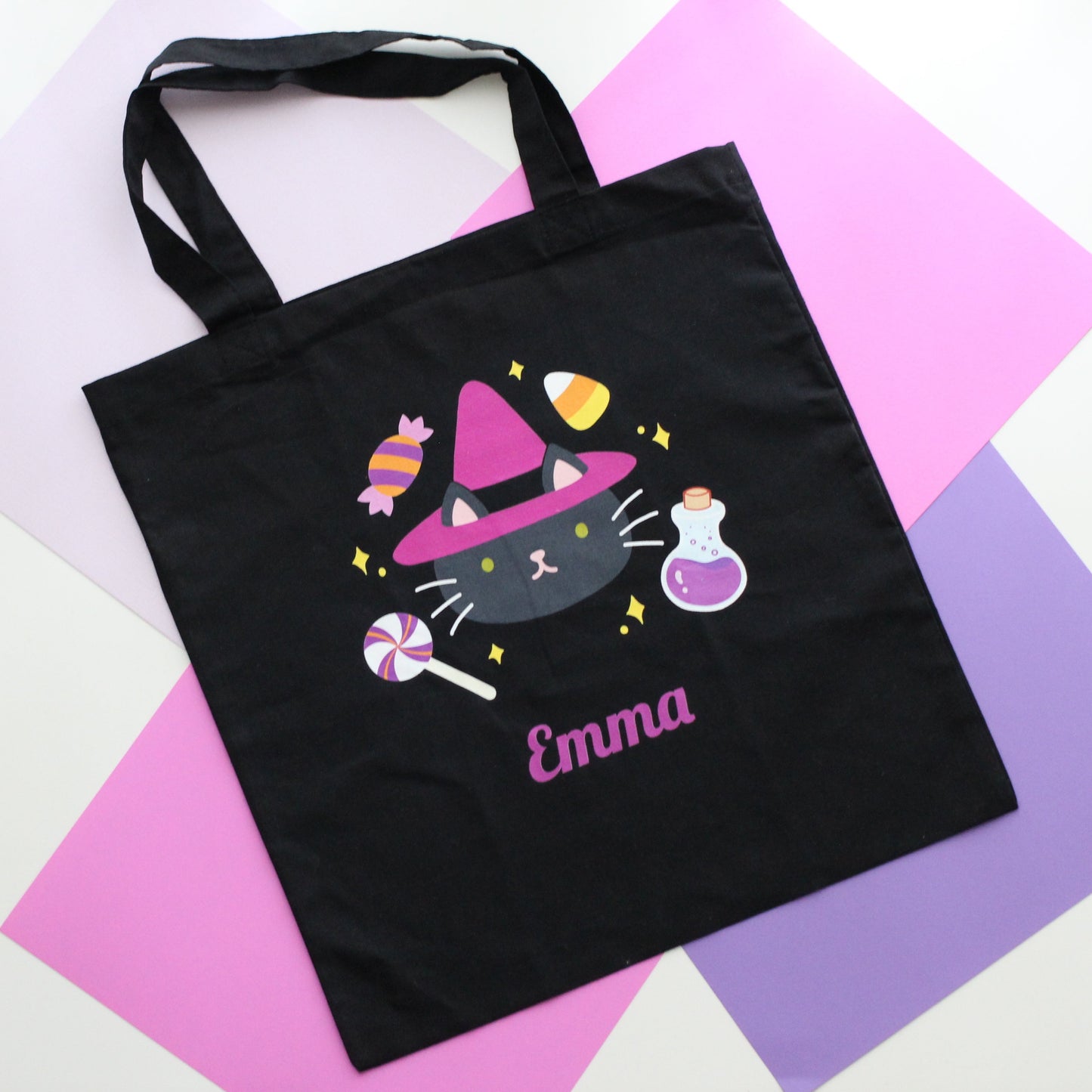 Personalized Cat Witch Halloween Trick or Treat Tote Bag - FREE SHIPPING by Wild Whimsy Woolies