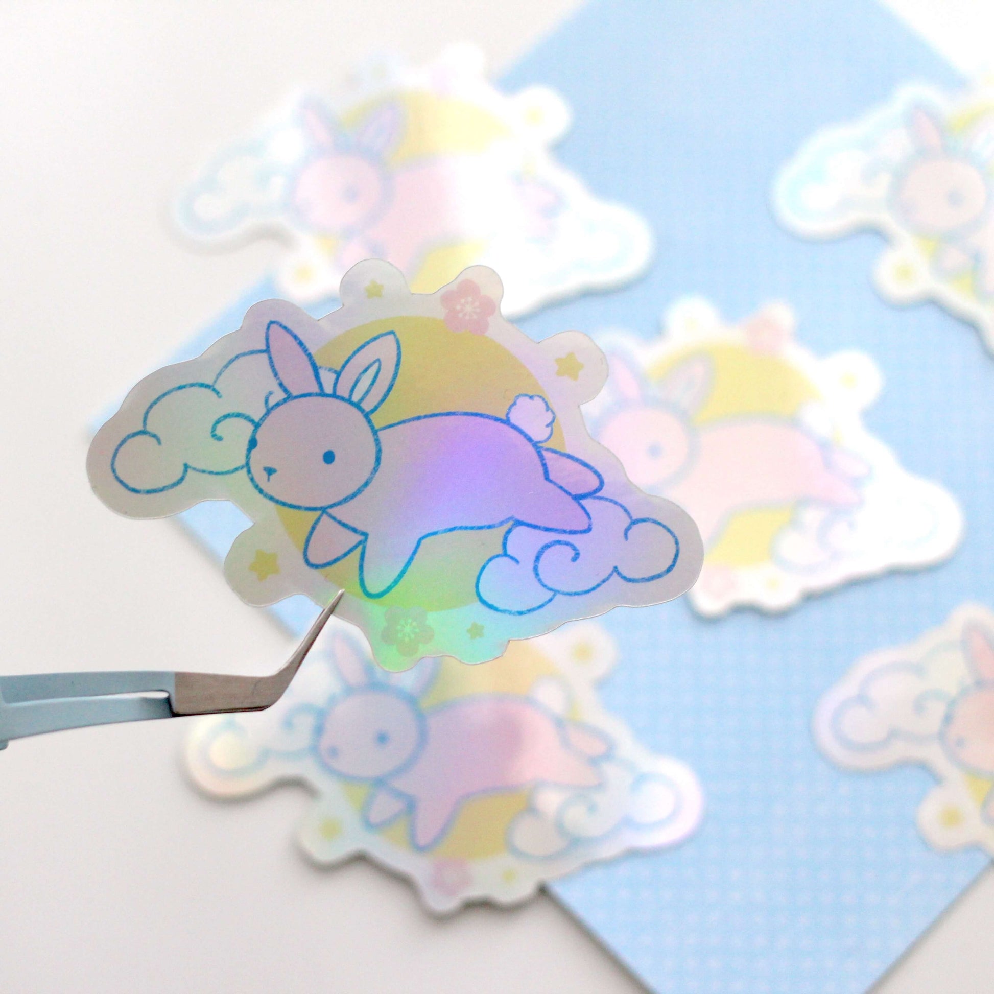 Holographic Lunar Bunny Sticker. Cute Rabbit Decal