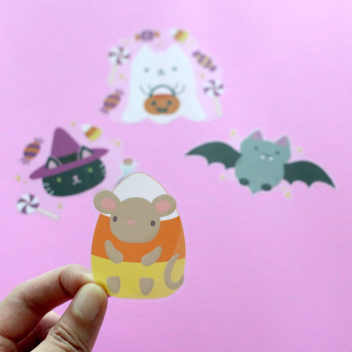 Halloween Clear Vinyl Sticker Set - Witch Cat, Cute Bat, Ghost Cat, Candy Corn Mouse Stickers