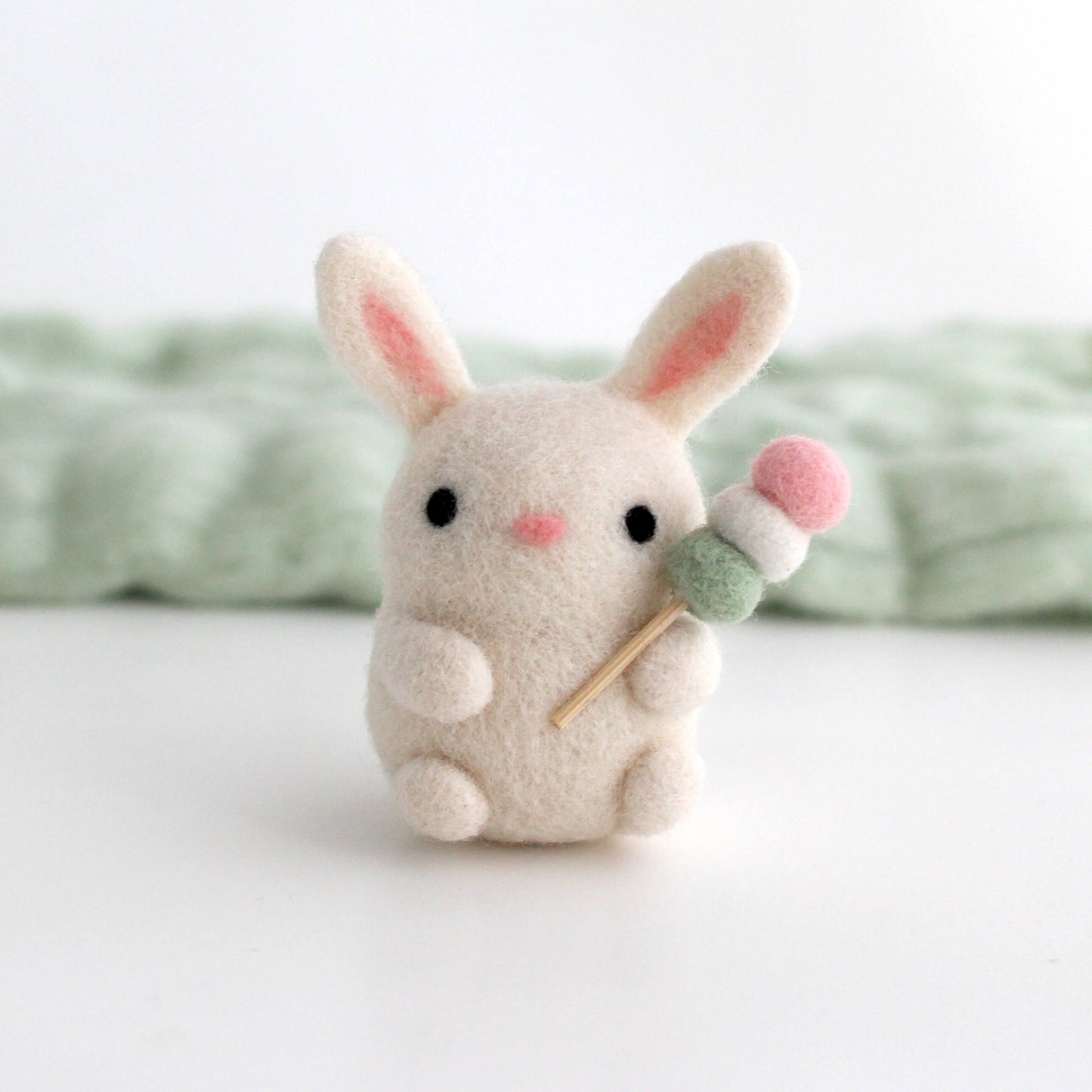 Needle Felted Bunny holding Dango (Mochi on a Stick)