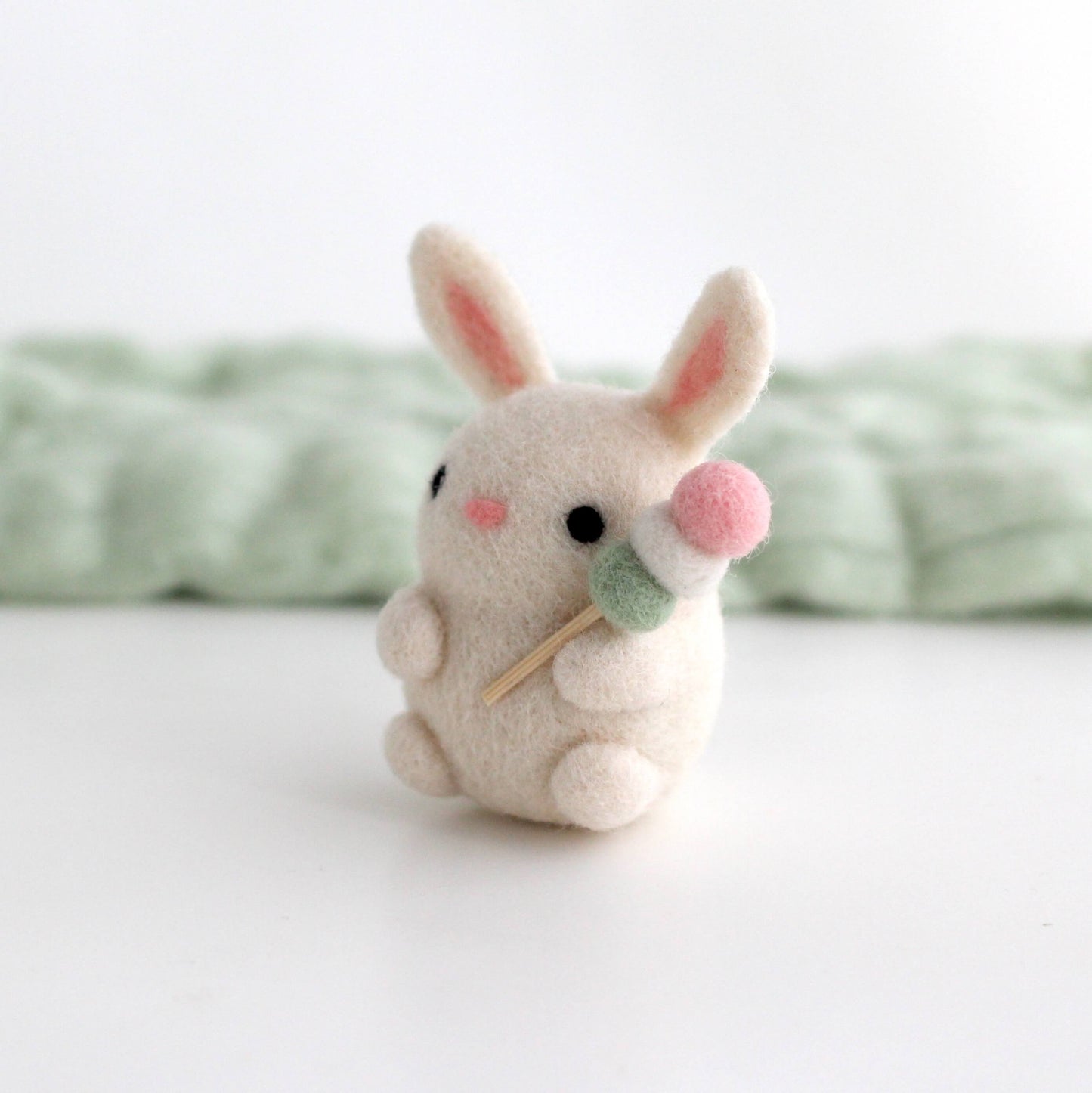 Needle Felted Bunny holding Dango (Mochi on a Stick)