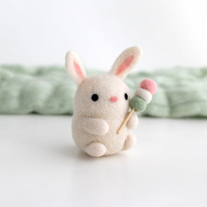 Needle Felted Bunny holding Dango (Mochi on a Stick)