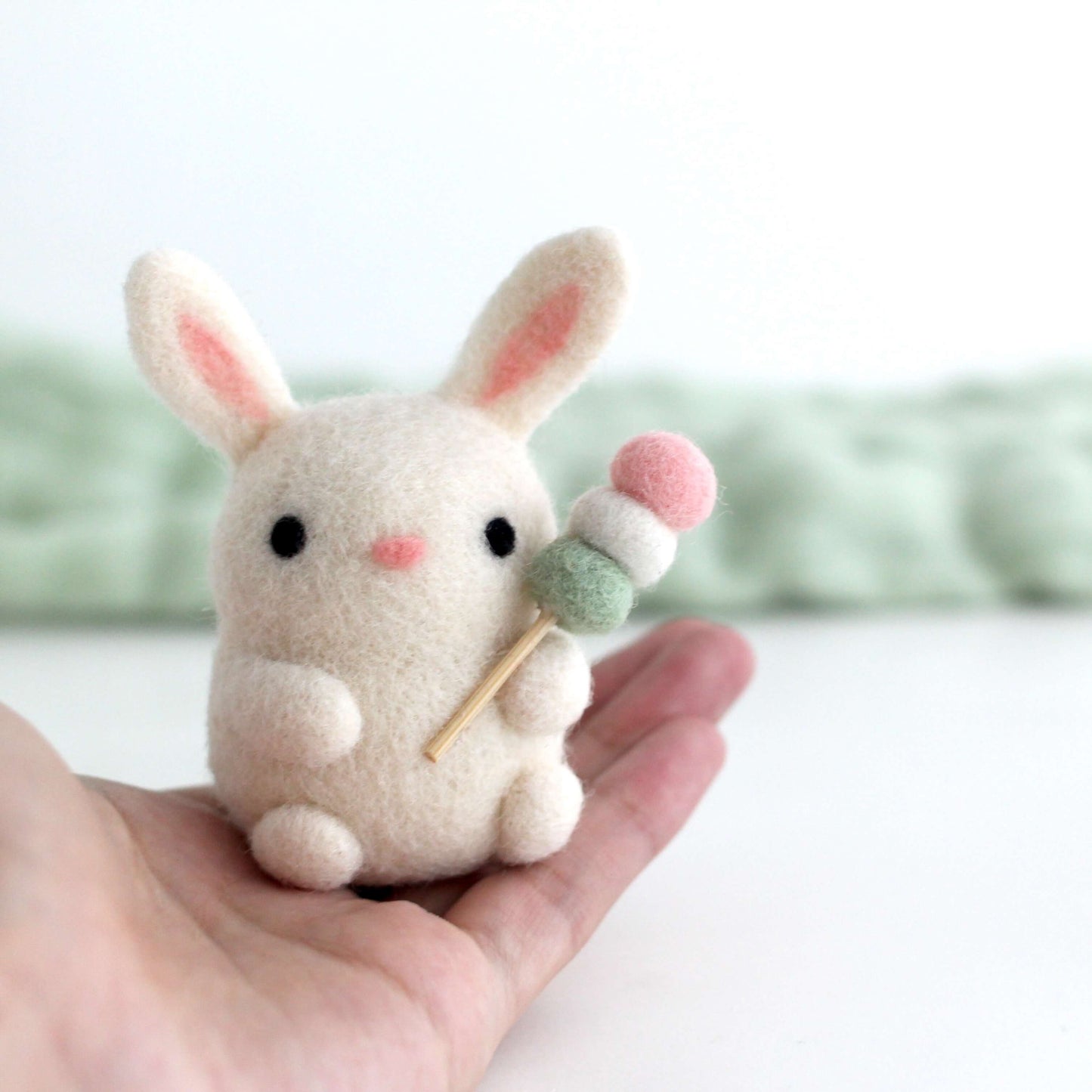 Needle Felted Bunny holding Dango (Mochi on a Stick)