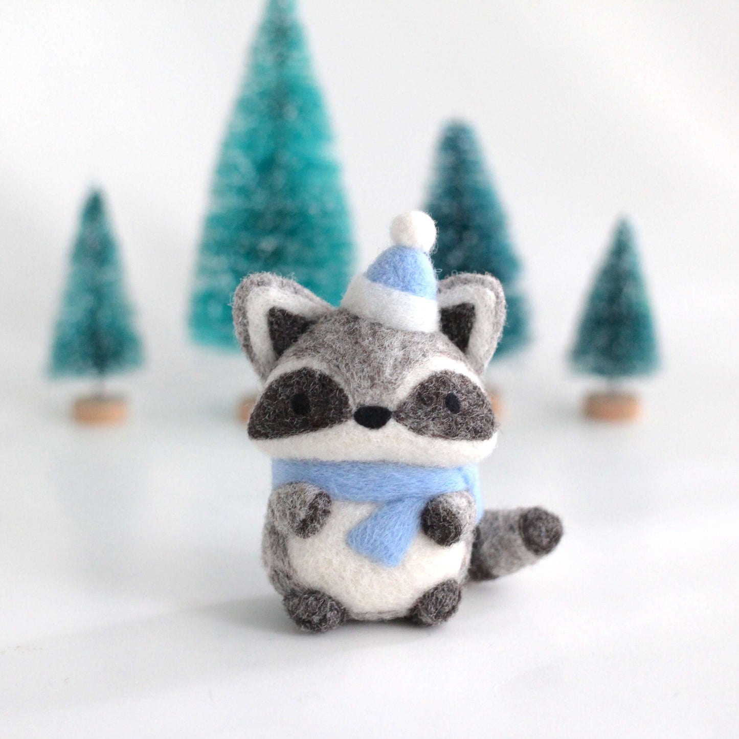 Needle Felted Raccoon w/ Blue Scarf