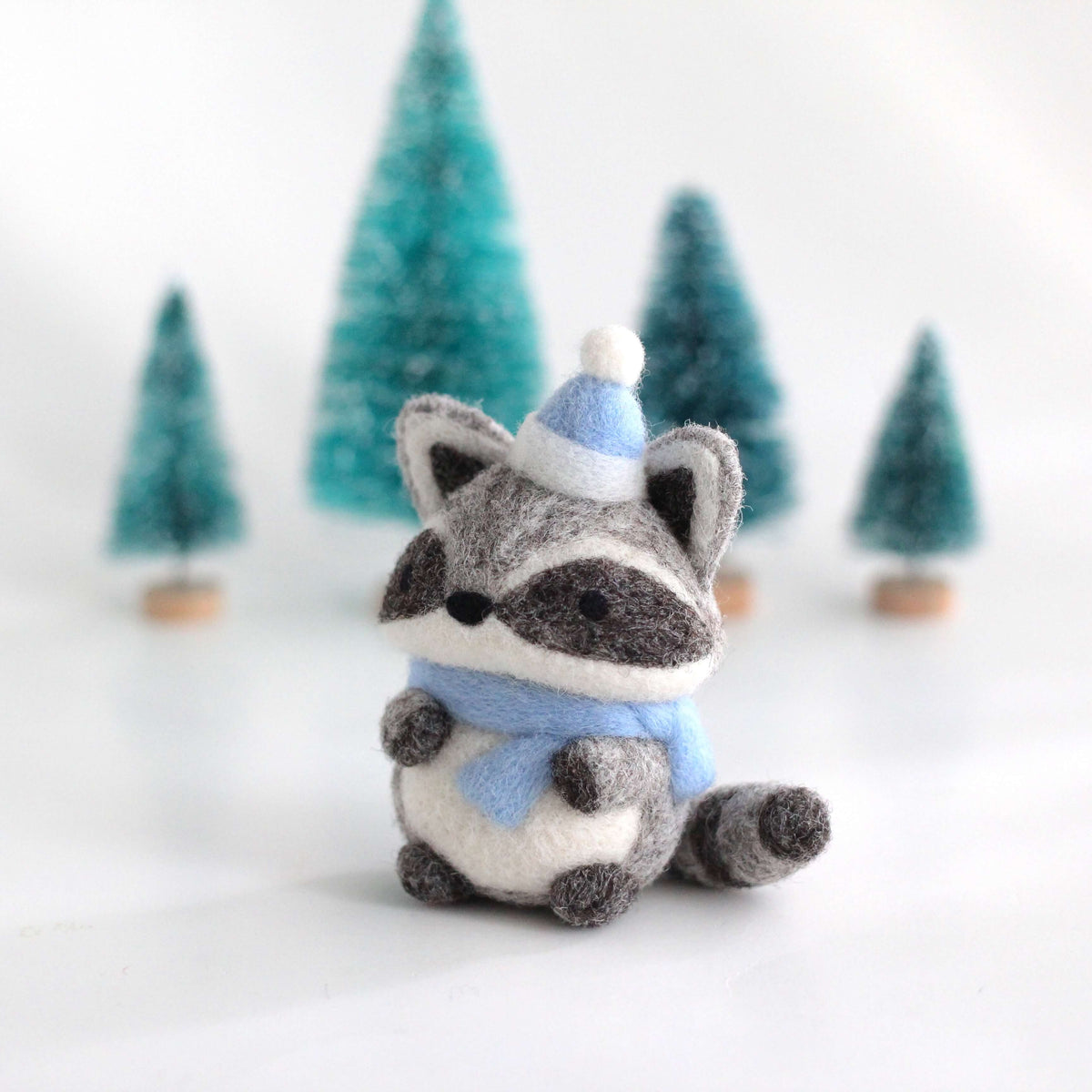 Needle Felted Raccoon w/ Blue Scarf – Wild Whimsy Woolies
