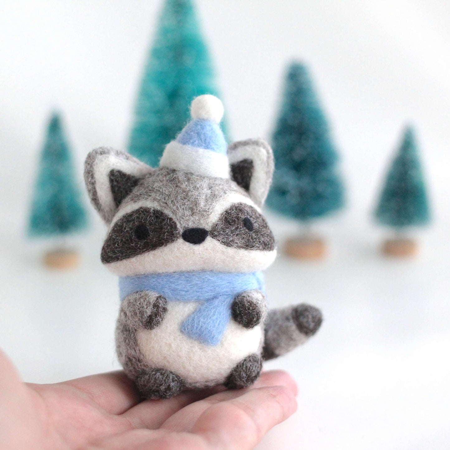 Needle Felted Raccoon w/ Blue Scarf