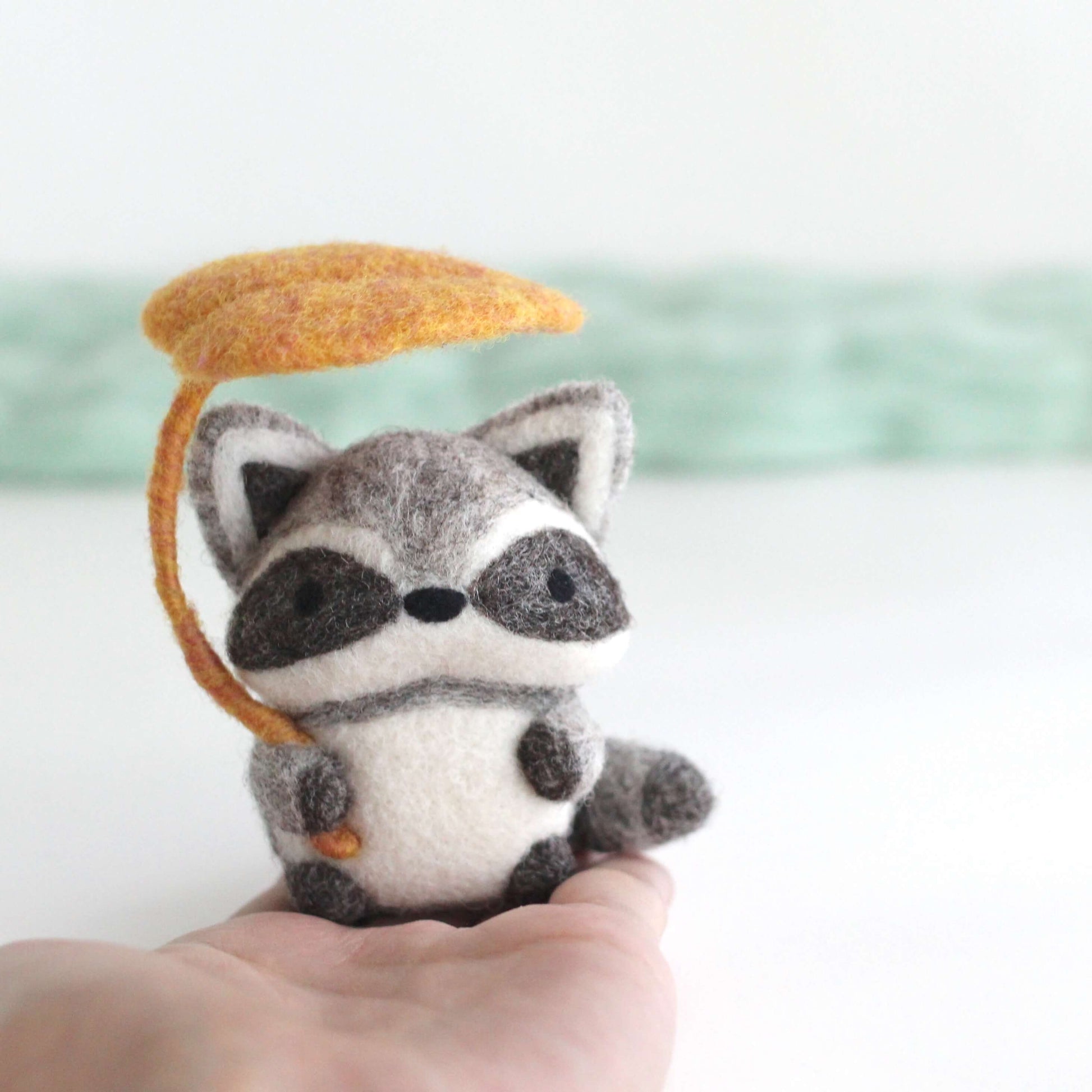 Needle Felted Raccoon Holding Leaf Umbrella by Wild Whimsy Woolies