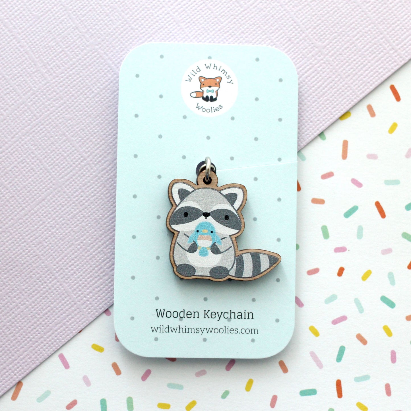Cute Raccoon Wood Keychain. Trash Panda Purse Charm