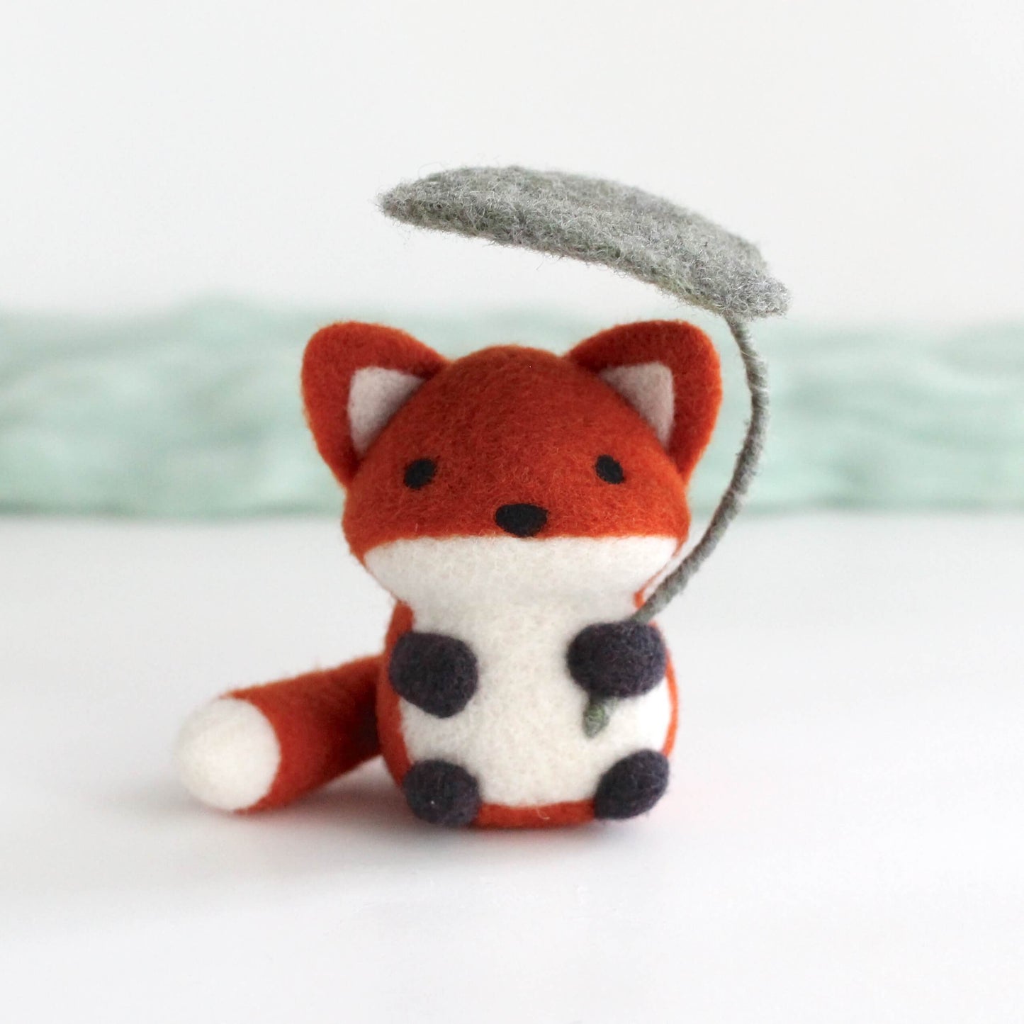 Needle Felted Fox Holding Green Leaf Umbrella