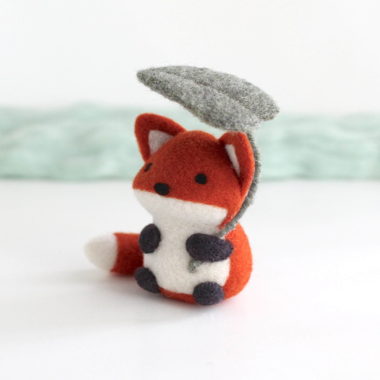 Needle Felted Fox Holding Green Leaf Umbrella