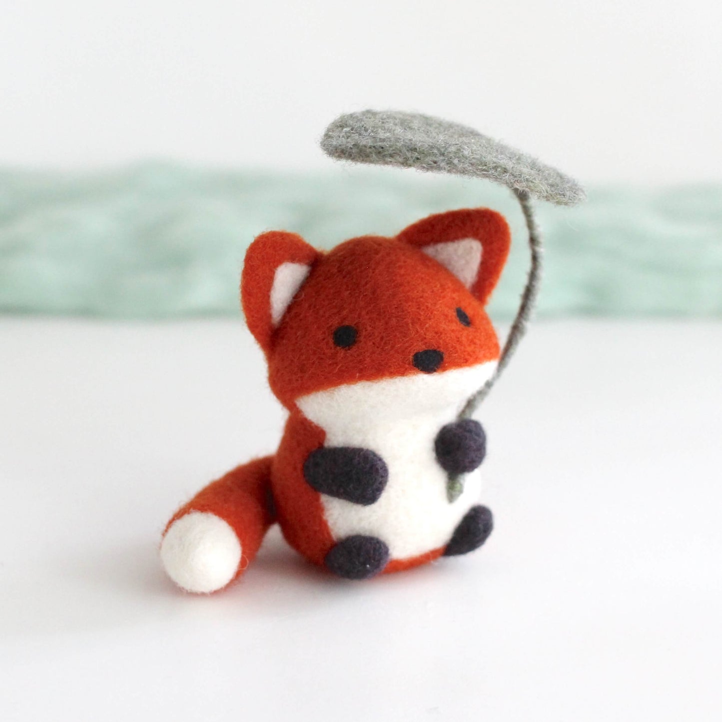 Needle Felted Fox Holding Green Leaf Umbrella