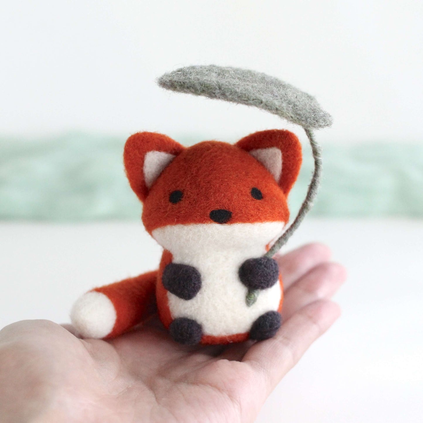 Needle Felted Fox Holding Green Leaf Umbrella