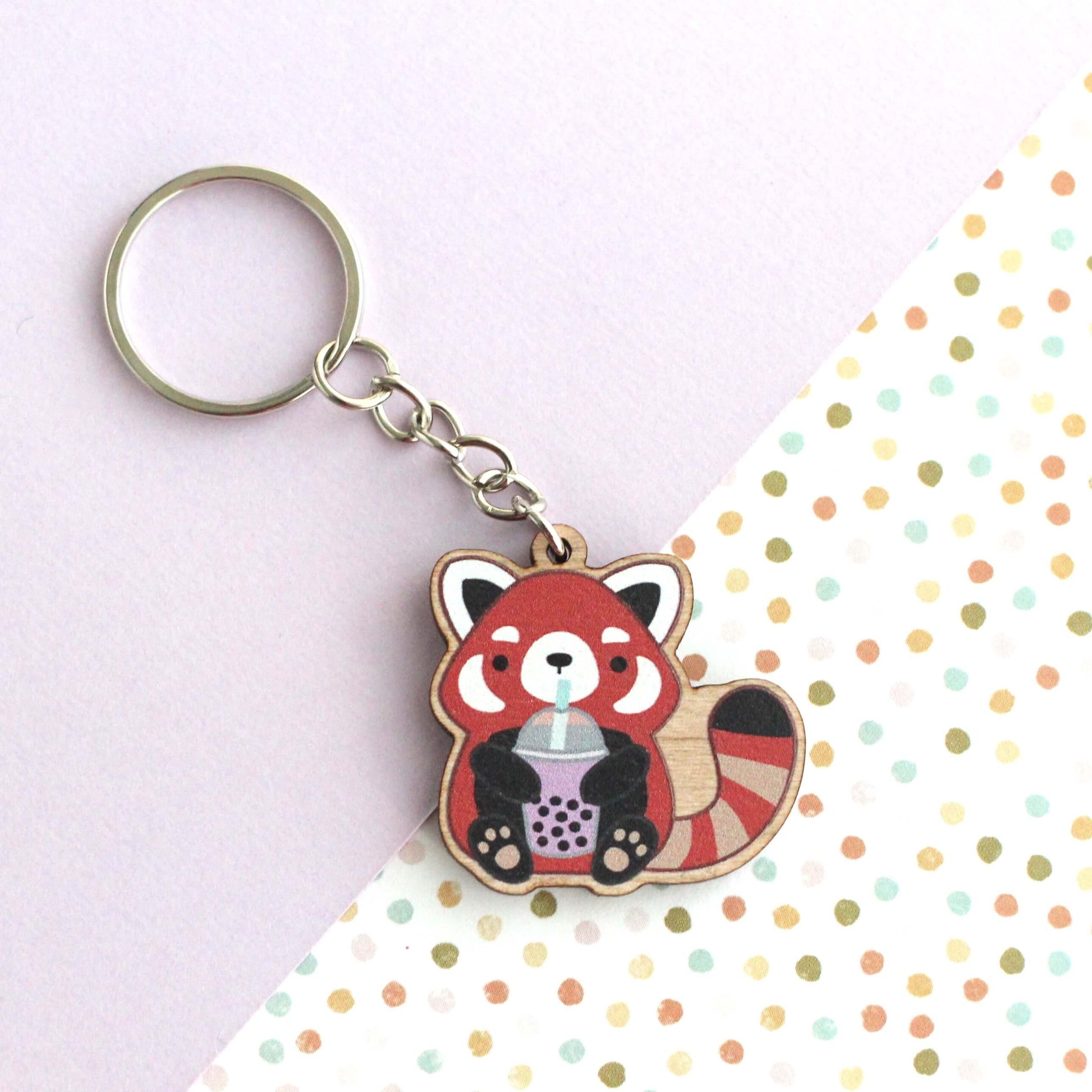 Red Panda holding Bubble Tea Wooden Keychain