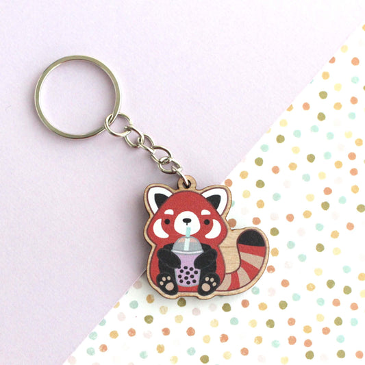 Red Panda holding Bubble Tea Wooden Keychain