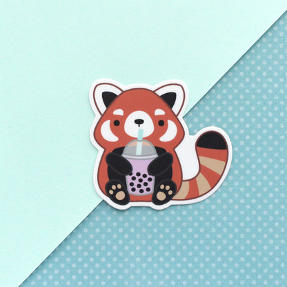 Red Panda Drinking Bubble Tea Sticker. Tumbler and Water Bottle Decal by Wild Whimsy Woolies
