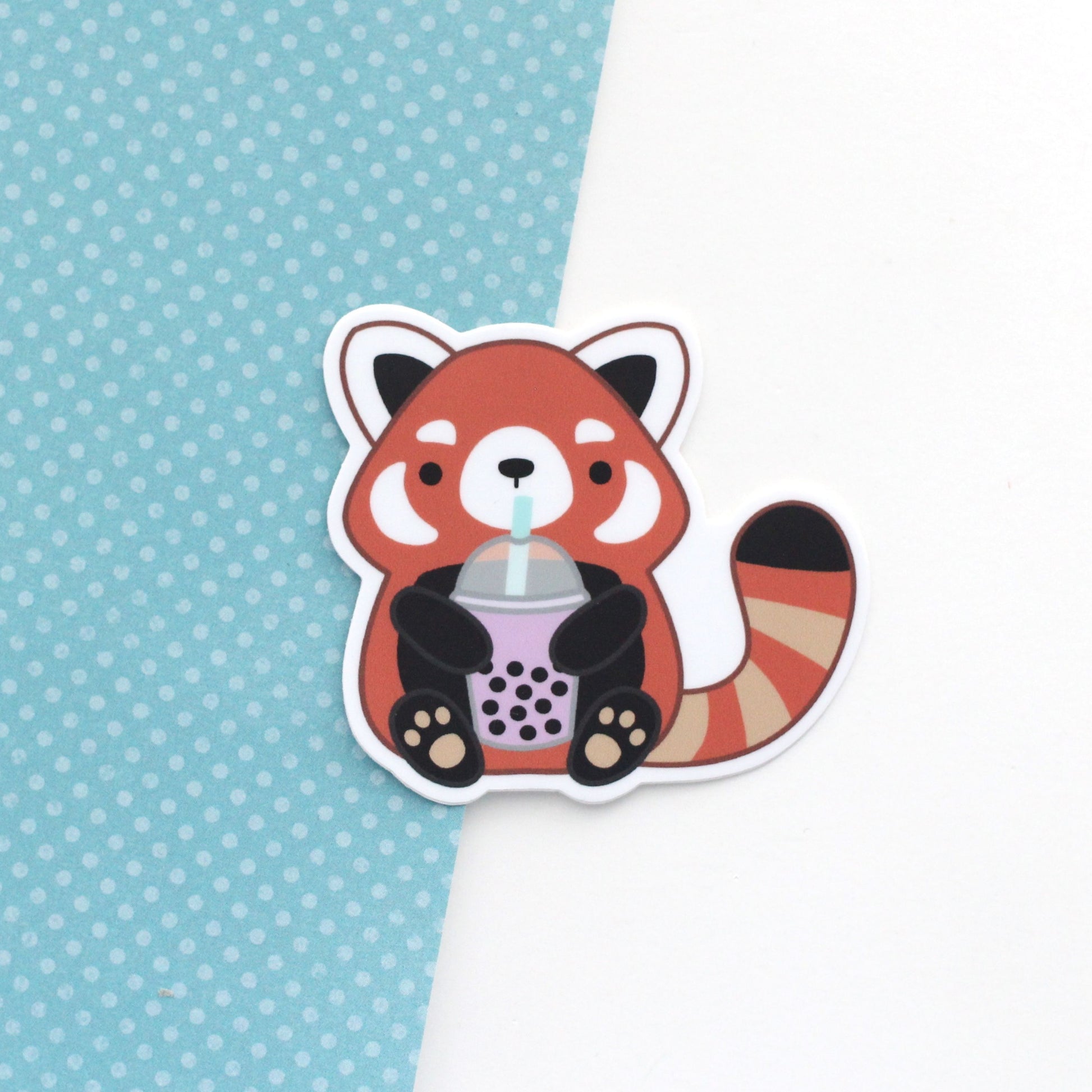 Red Panda Drinking Bubble Tea Sticker. Tumbler and Water Bottle Decal by Wild Whimsy Woolies