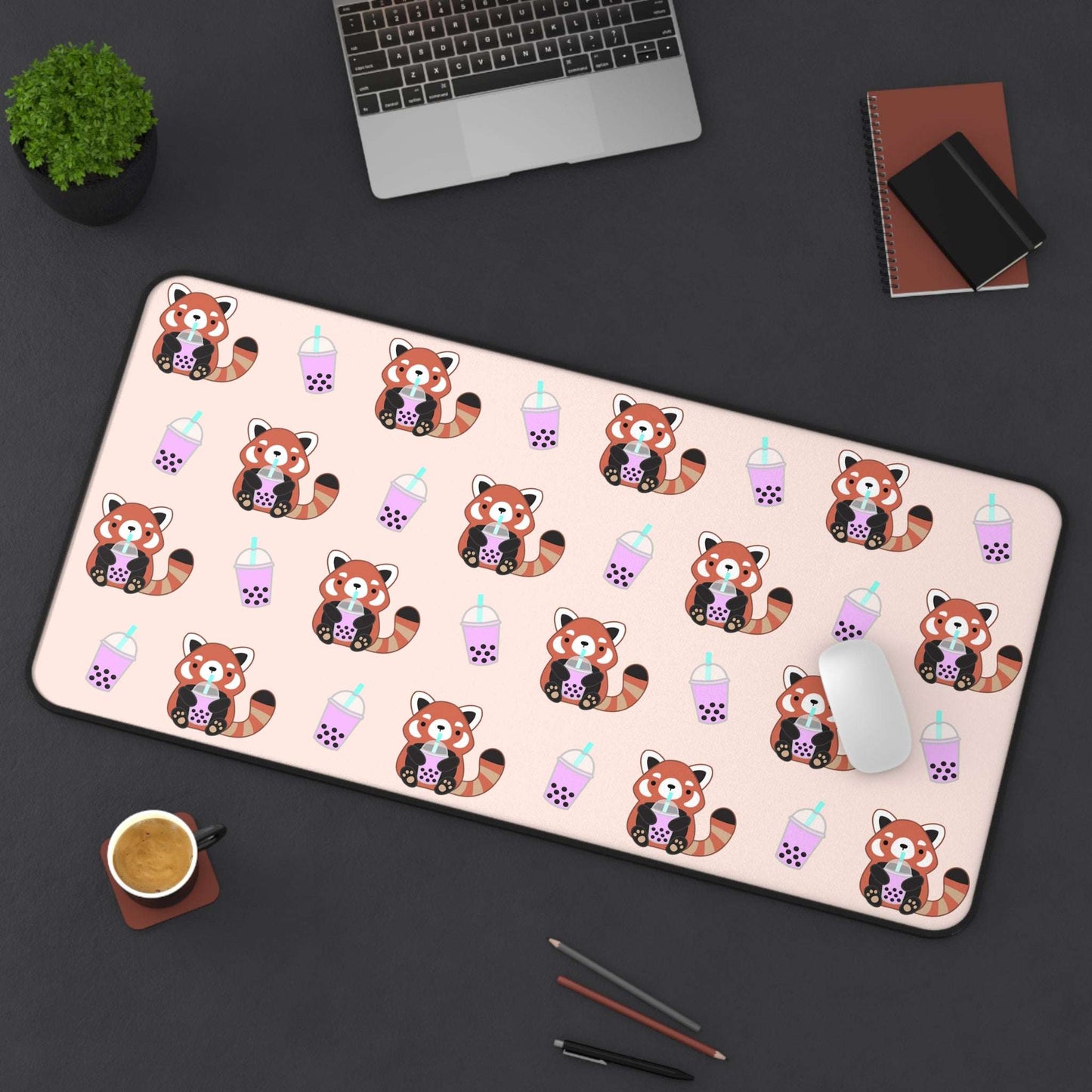 Red Panda Drinking Bubble Tea Desk Mat - Large Mouse Pad