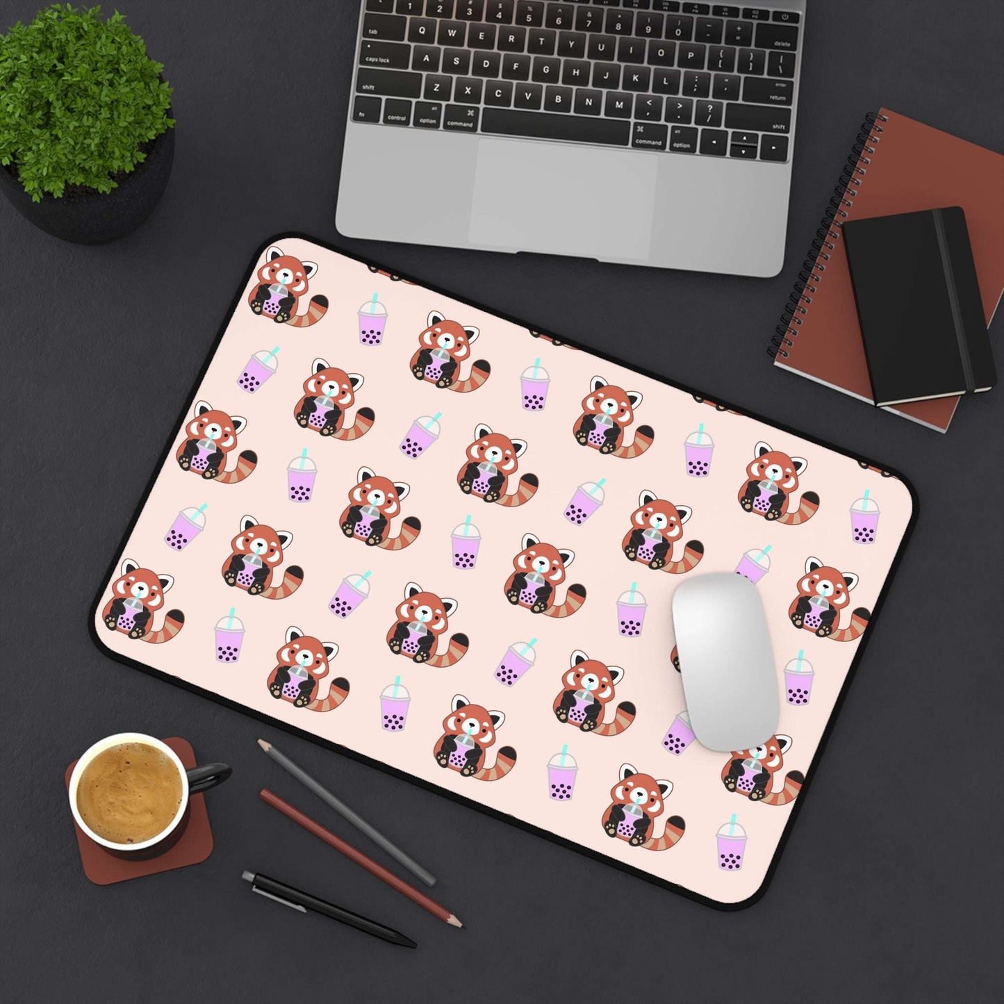 Red Panda Drinking Bubble Tea Desk Mat - Large Mouse Pad