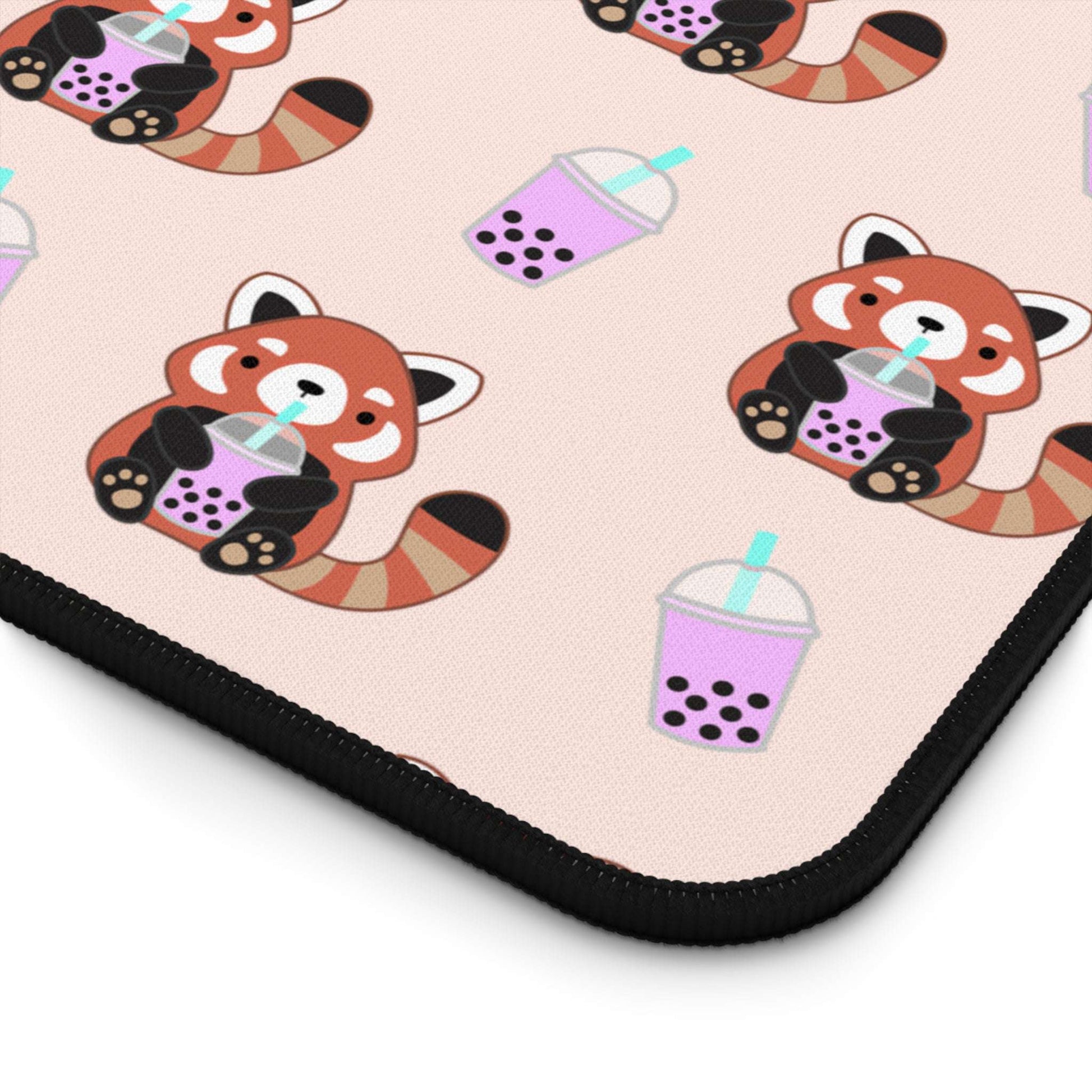 Red Panda Drinking Bubble Tea Desk Mat - Large Mouse Pad by Wild Whimsy Woolies