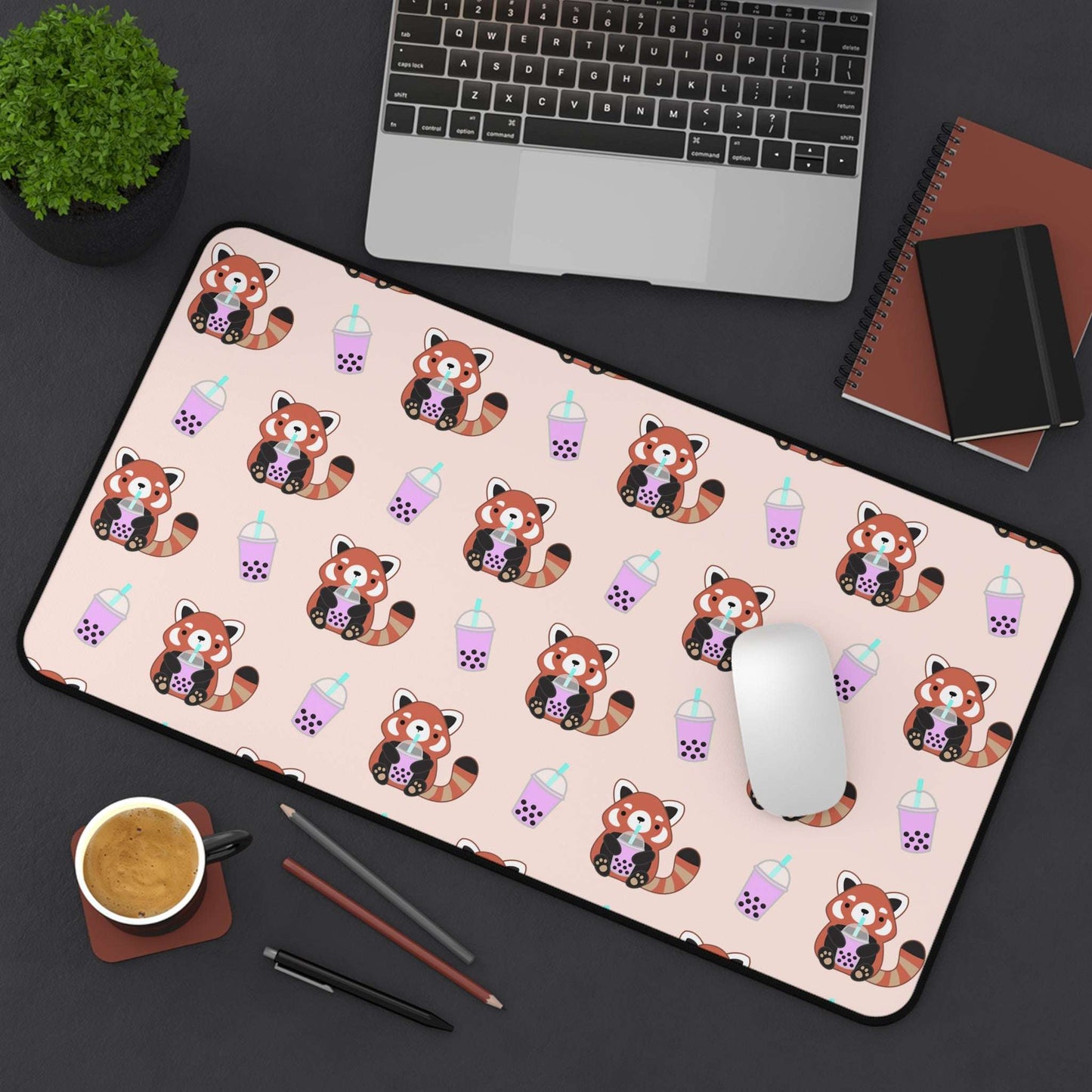 Red Panda Drinking Bubble Tea Desk Mat - Large Mouse Pad