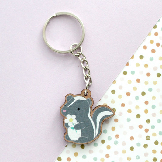 Skunk w/ Daisy Wooden Keychain - Cute Wood Charm - Eco-Friendly Gift by Wild Whimsy Woolies