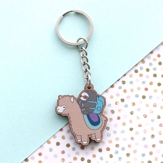 Sloth and Alpaca Adventurer Wooden Keychain (Brown) - Sustainable Gift - Llama Gift by Wild Whimsy Woolies