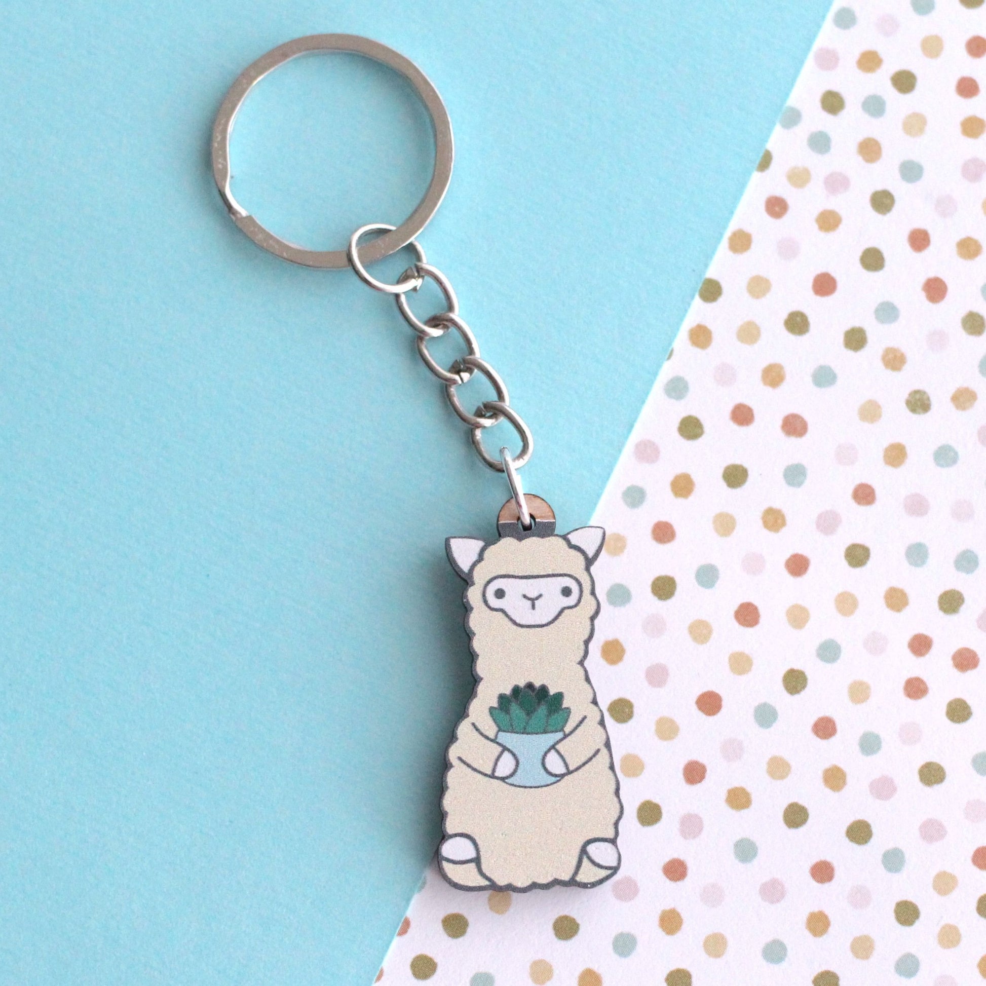 Alpaca Holding Succulent Wooden Keychain - Sustainable Gift - Llama Gift by Wild Whimsy Woolies