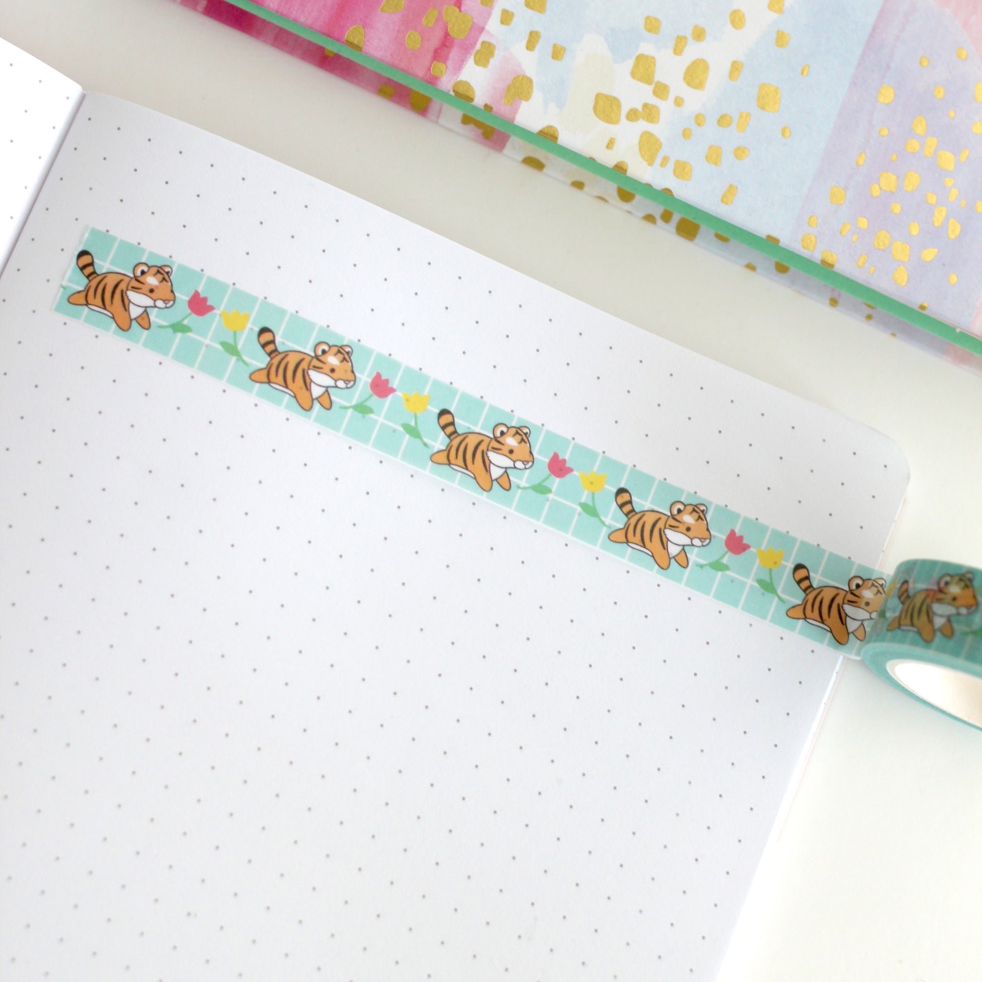 Leaping Tiger Washi Tape - Turquoise Grid Washi - Tiger Stationery by Wild Whimsy Woolies