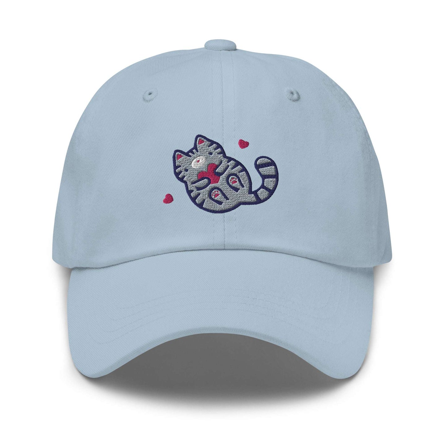 Embroidered Grey Tabby Cat Baseball Cap: Light Blue