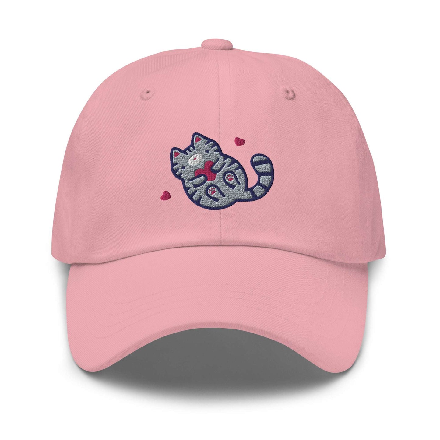 Embroidered Grey Tabby Cat Baseball Cap: Pink
