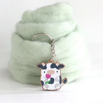 Cow wood Keychain - Animal Wooden Keyring - Sustainable Purse Charm by Wild Whimsy Woolies