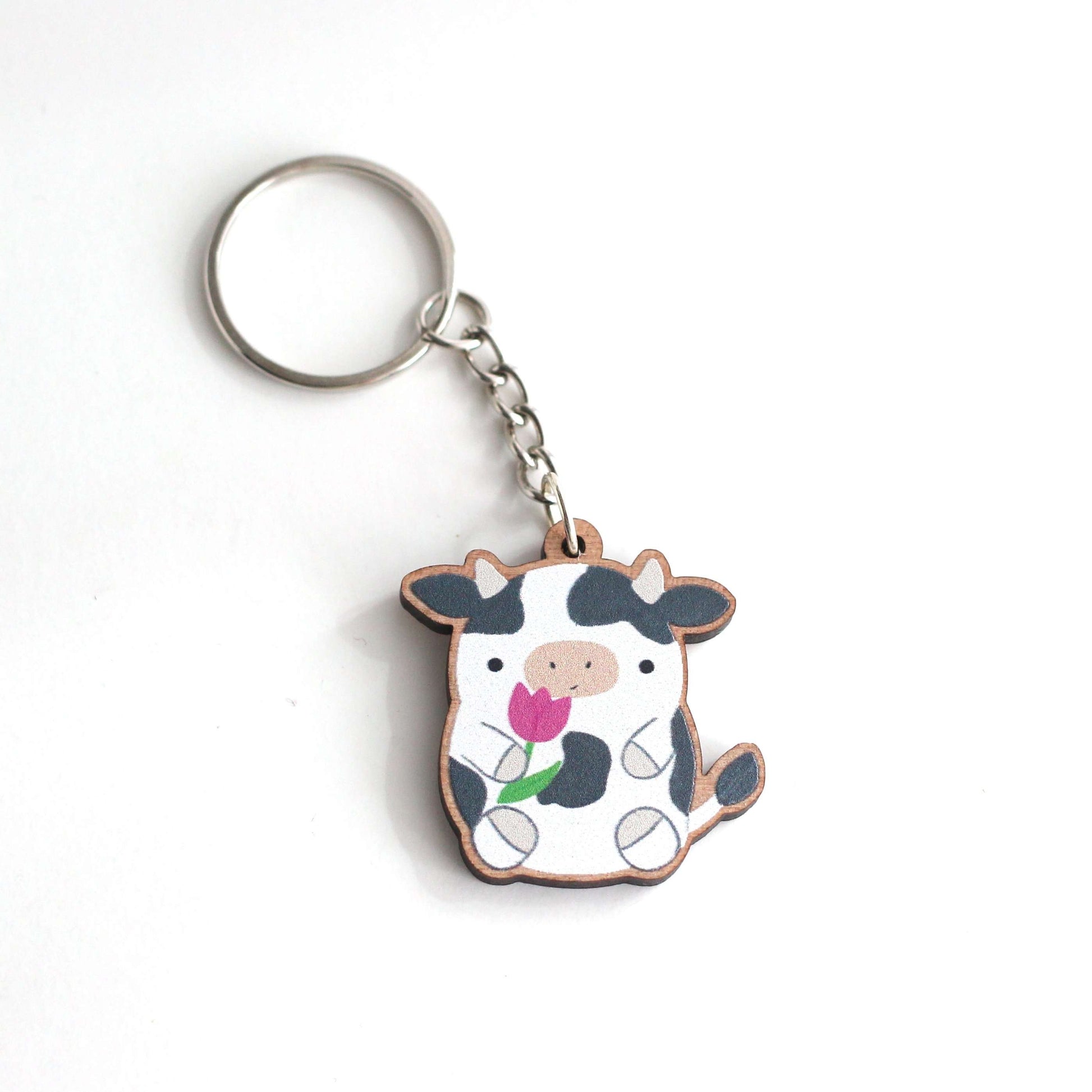 Cow wood Keychain - Animal Wooden Keyring - Sustainable Purse Charm by Wild Whimsy Woolies