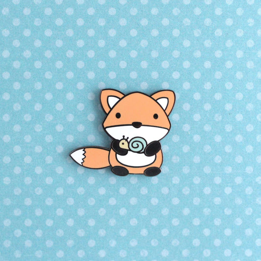 Fox and Snail Enamel Pin (Orange Variant) - Cute Fox Gift
