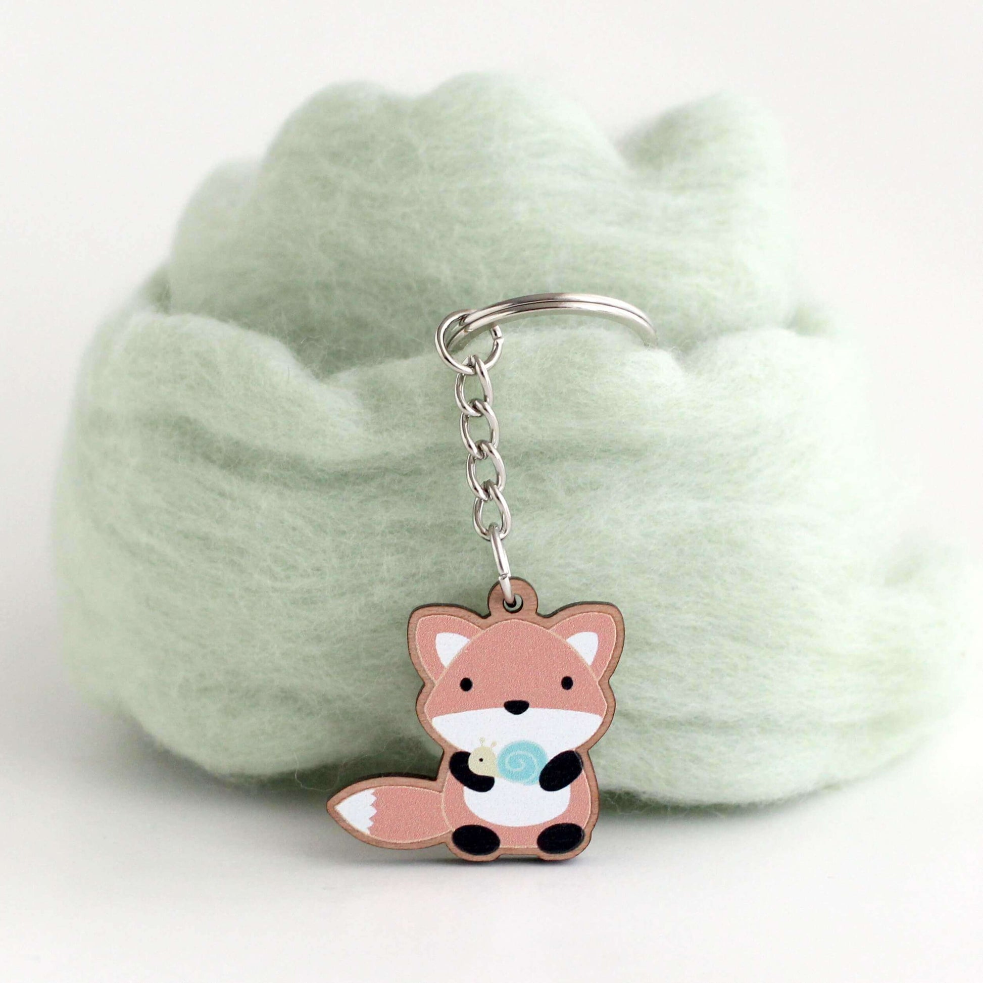 Fox w/ Snail Wooden Keychain - Cute Wood Charm - Eco-Friendly Gift