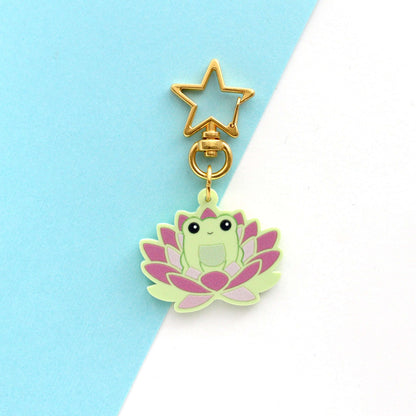 Frog in Pink Lotus Flower Acrylic Keychain - Frog Key Charm - Cute Animal Keychain