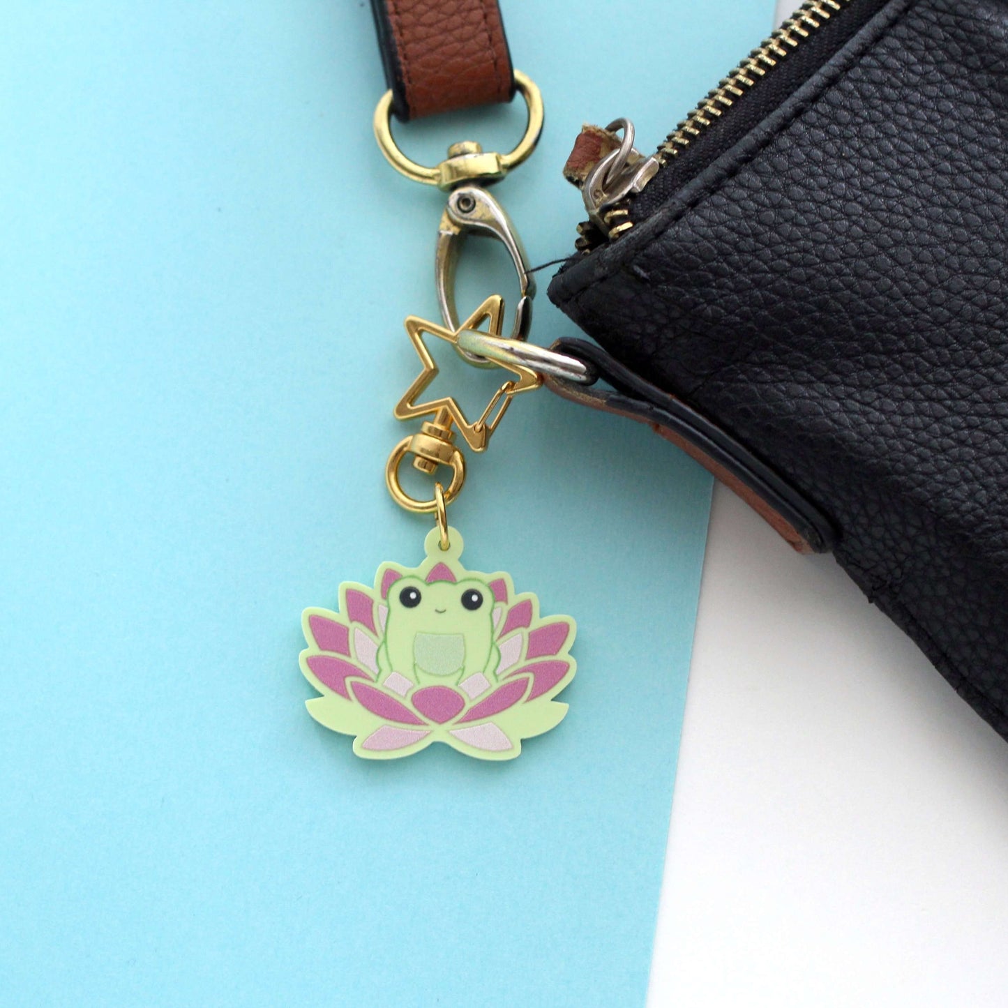 Frog in Pink Lotus Flower Acrylic Keychain - Frog Key Charm - Cute Animal Keychain