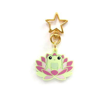 Frog in Pink Lotus Flower Acrylic Keychain - Frog Key Charm - Cute Animal Keychain