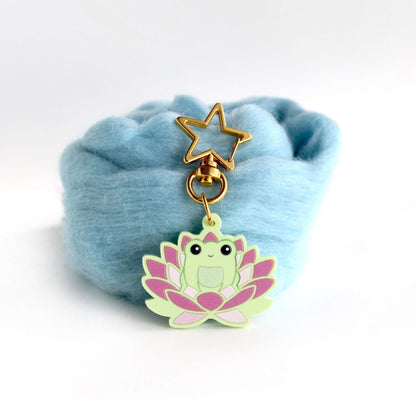 Frog in Pink Lotus Flower Acrylic Keychain - Frog Key Charm - Cute Animal Keychain