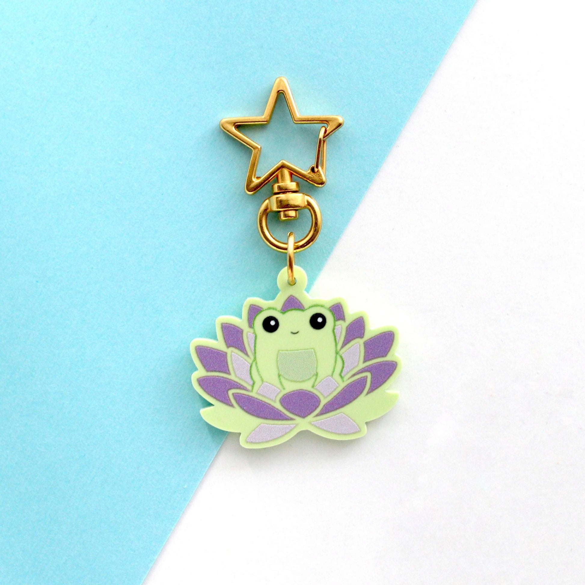 Frog in Purple Lotus Flower Acrylic Keychain - Green Frog Gift - Cute Purse Charm