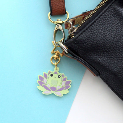 Frog in Purple Lotus Flower Acrylic Keychain - Green Frog Gift - Cute Purse Charm