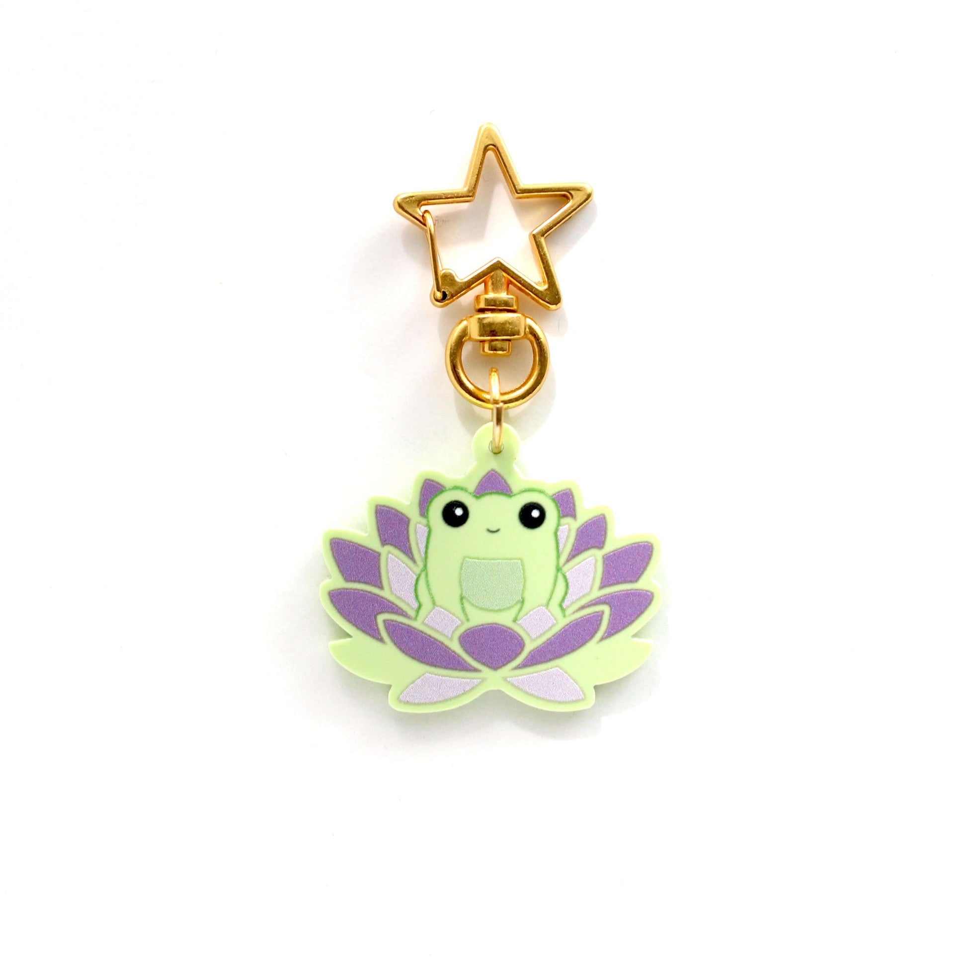 Frog in Purple Lotus Flower Acrylic Keychain - Green Frog Gift - Cute Purse Charm