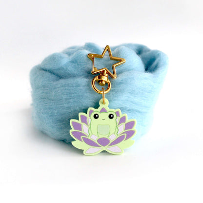 Frog in Purple Lotus Flower Acrylic Keychain - Green Frog Gift - Cute Purse Charm