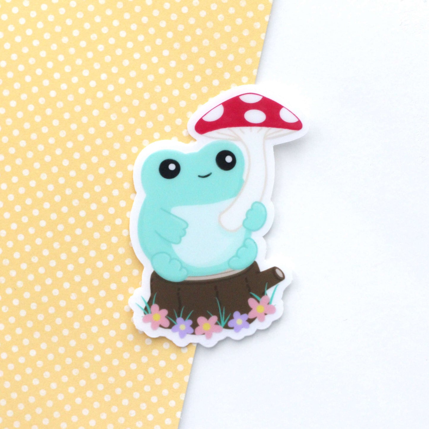 Frog with Mushroom Umbrella Vinyl Sticker - Cottagecore Frog Stationery: Clear vinyl