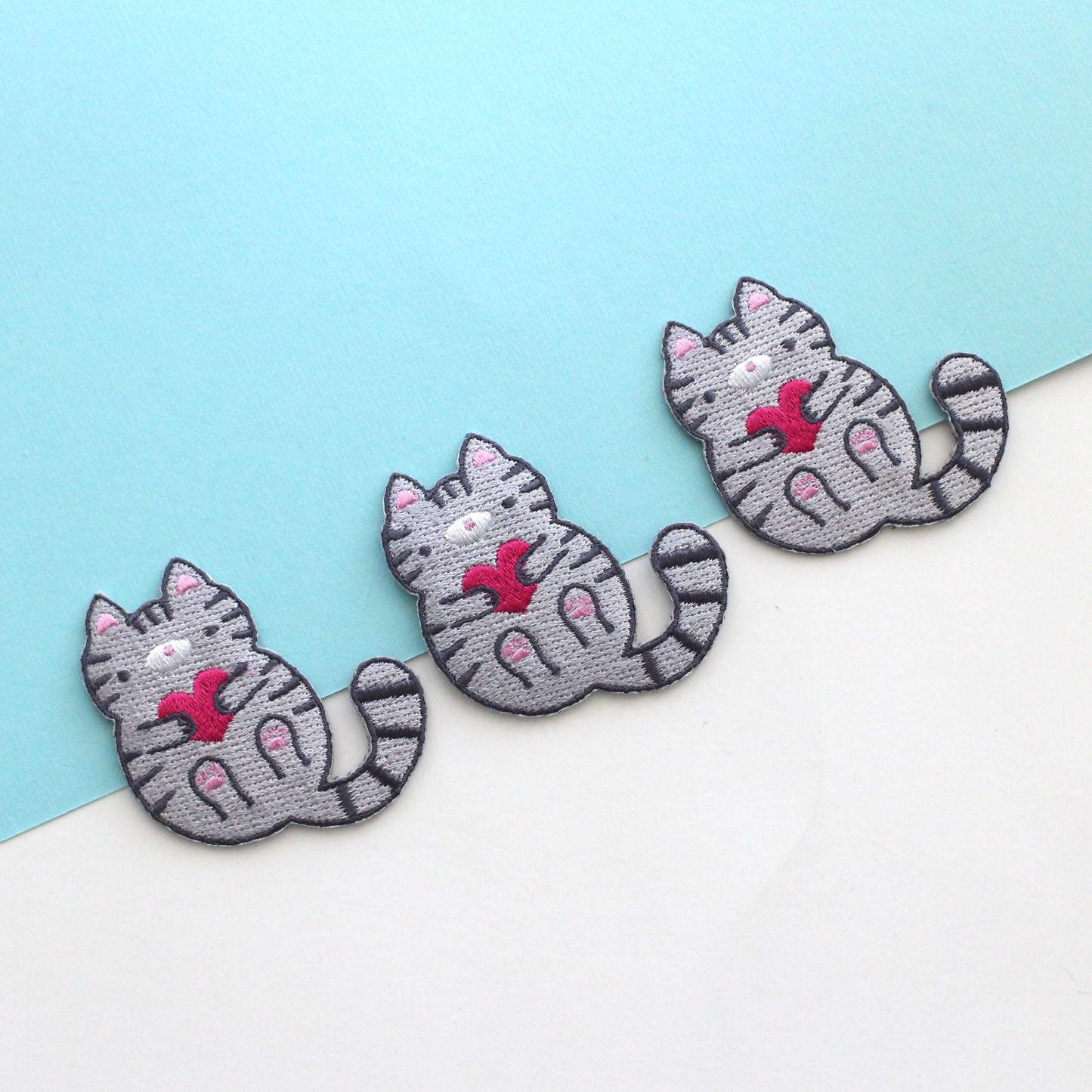 Grey Tabby Cat Embroidered Iron-On Patch - Cute Cat Patch - Heart Patch by Wild Whimsy Woolies