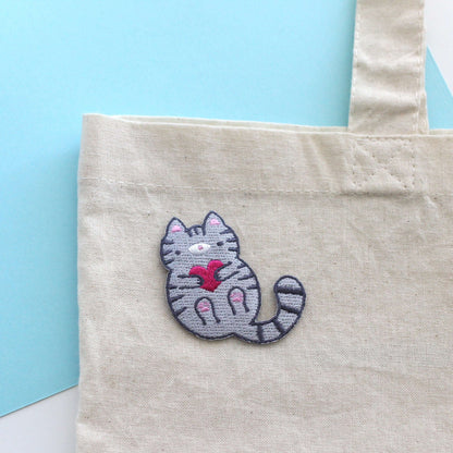 Grey Tabby Cat Embroidered Iron-On Patch - Cute Cat Patch - Heart Patch by Wild Whimsy Woolies