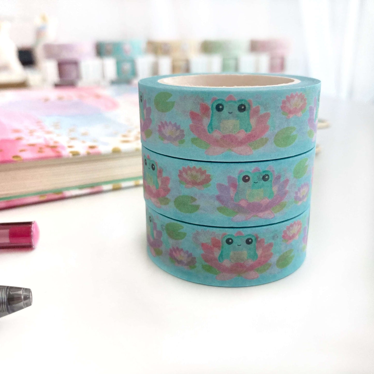 Lotus Flower Frog Washi Tape - Frog Bujo Tape - Frog Stationery - Scrapbooking Ideas