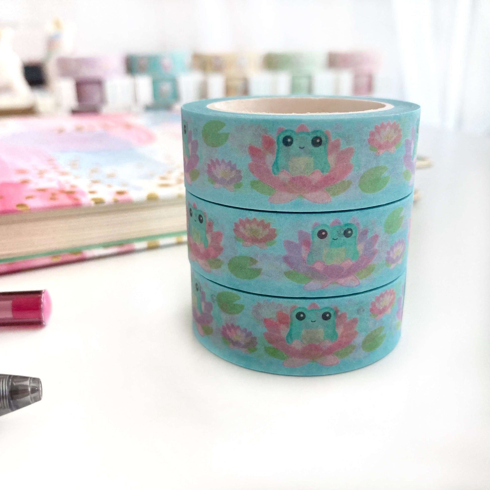 Lotus Flower Frog Washi Tape - Frog Bujo Tape - Frog Stationery - Scrapbooking Ideas by Wild Whimsy Woolies