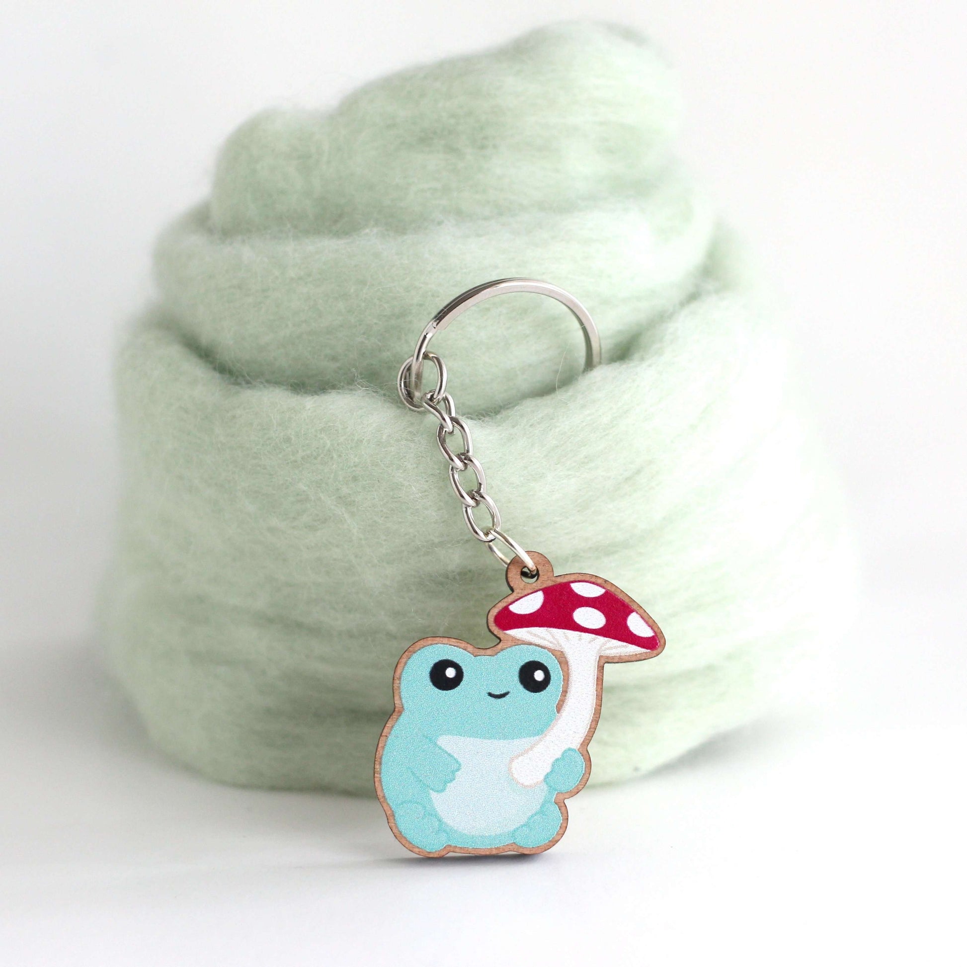 WildWhimsyWoolies Mushroom Frog Plush Keychain. Cute Plushie Charm for Purse, Tote Bag or Backpack. Kawaii Stuffed Frog Holding Red Mushroom Umbrella