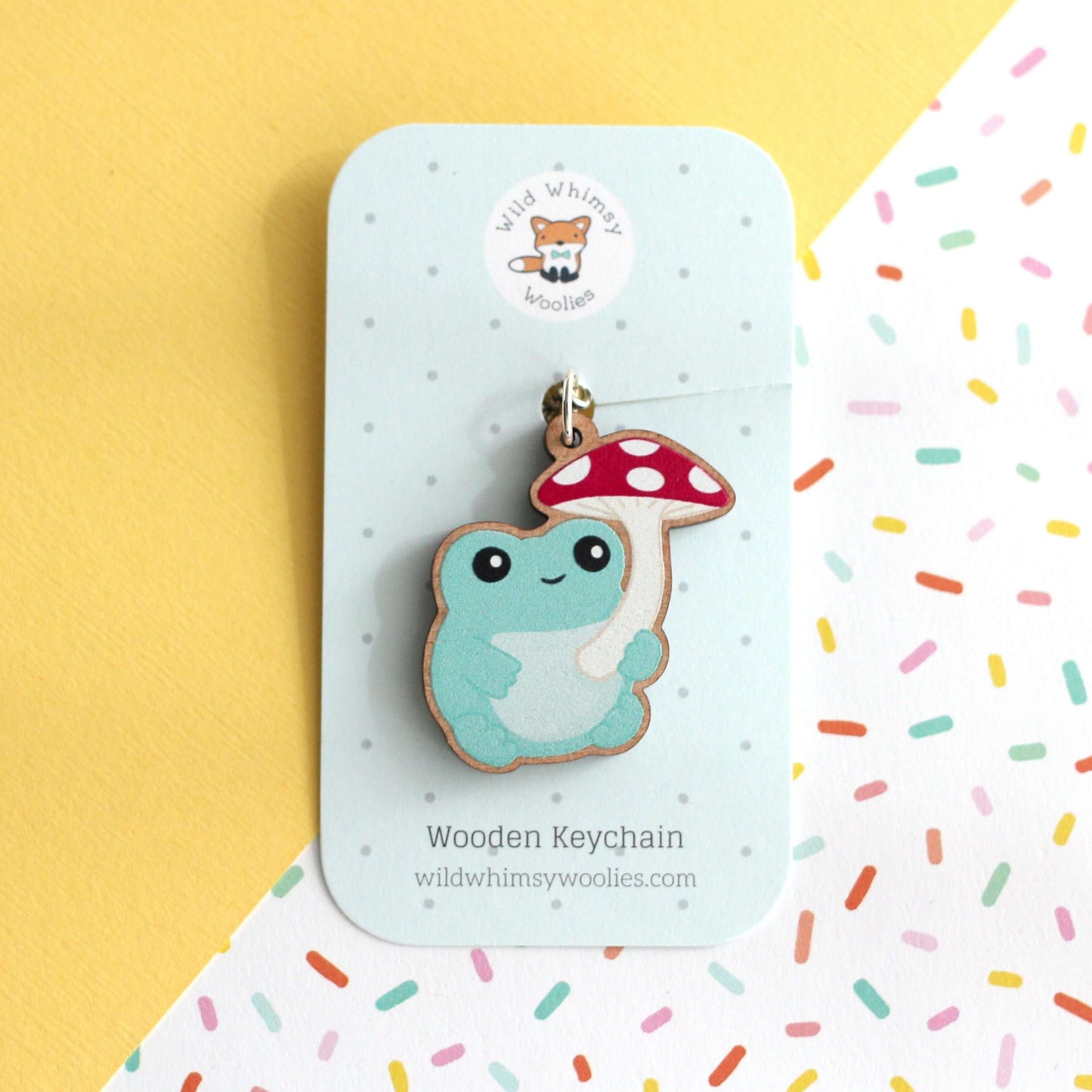Mushroom Frog Keychain - Cute Wood Charm - Frog Accessories by Wild Whimsy Woolies